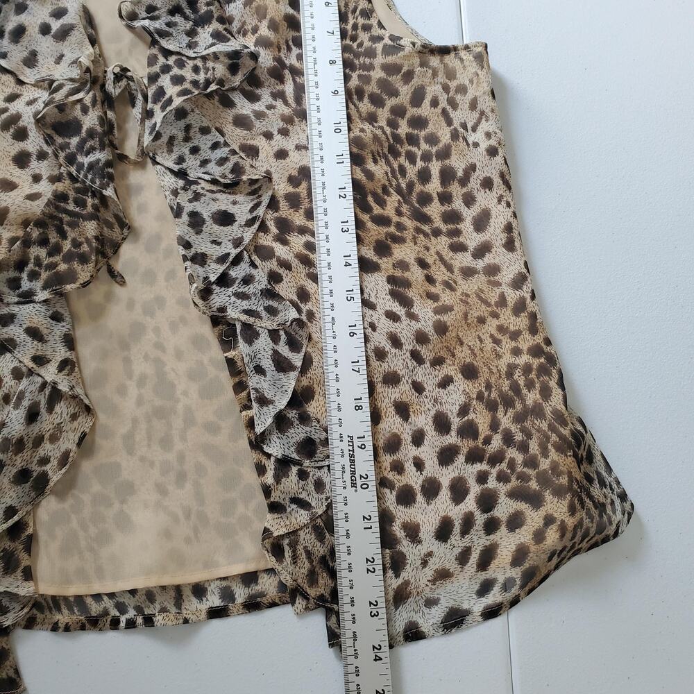 90s Silkland Blouse Womens Medium Brown Leopard Silk Ruffle Sleeveless Top - Picture 5 of 9